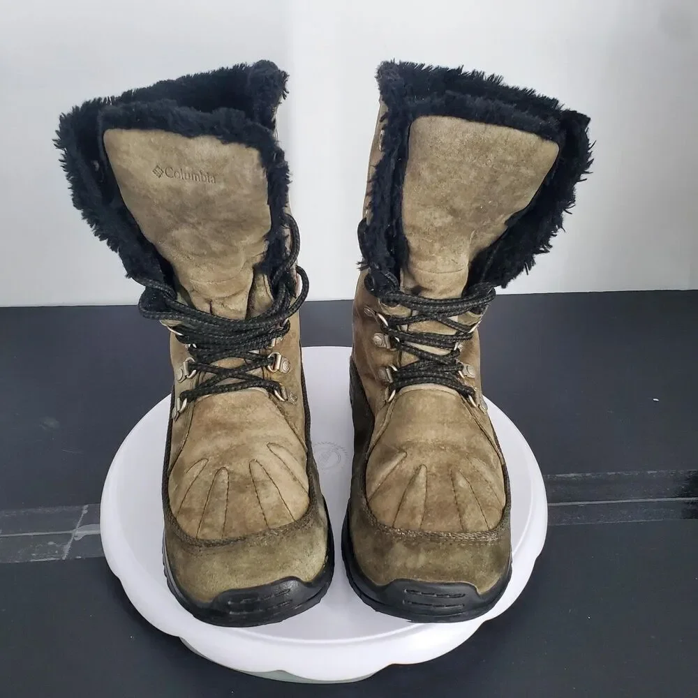 Columbia Boots Womens Size 7.5 Brown Suede Lace Up Faux Fur Omni-Grip Winter